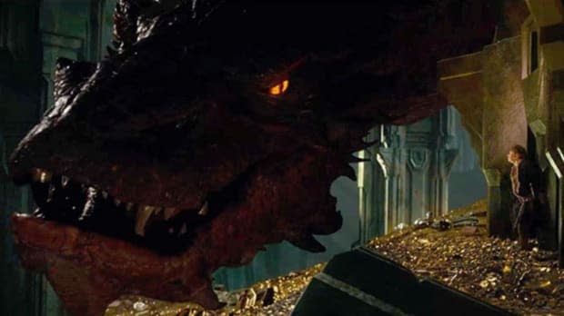 Benedict Cumberbatch as Smaug and Martin Freeman as Bilbo Baggins in "The Hobbit: The Desolation of Smaug"<p>Warner Bros.</p>