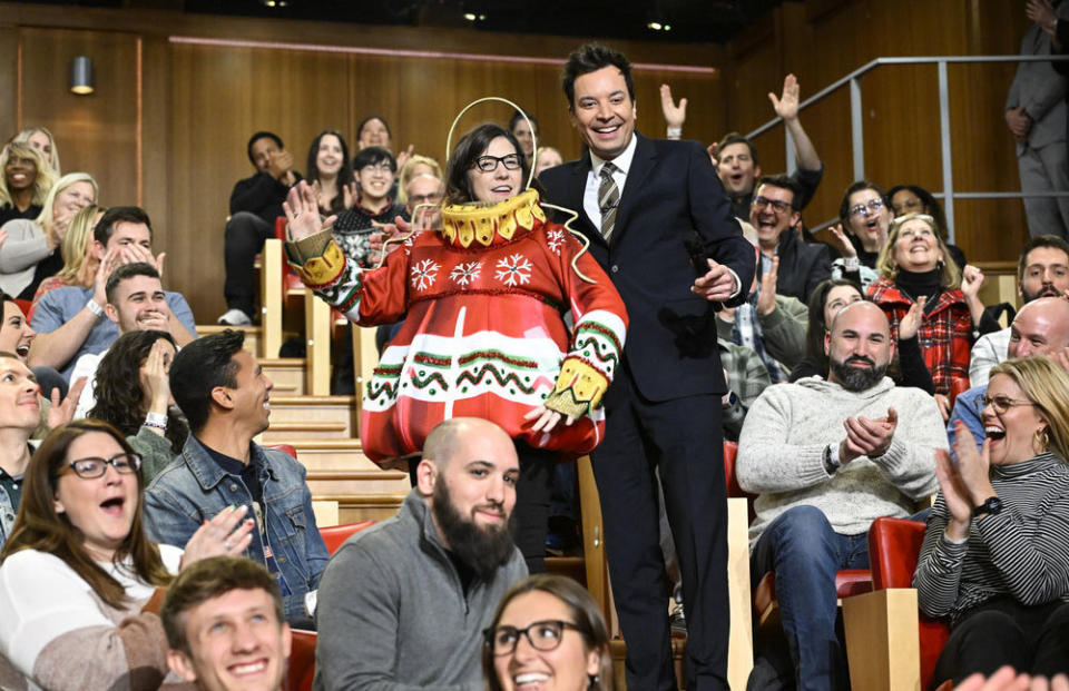 The winning audience member and host Jimmy Fallon during “12 Days of Xmas Sweaters - Door 10” on Monday, December 11, 2023.