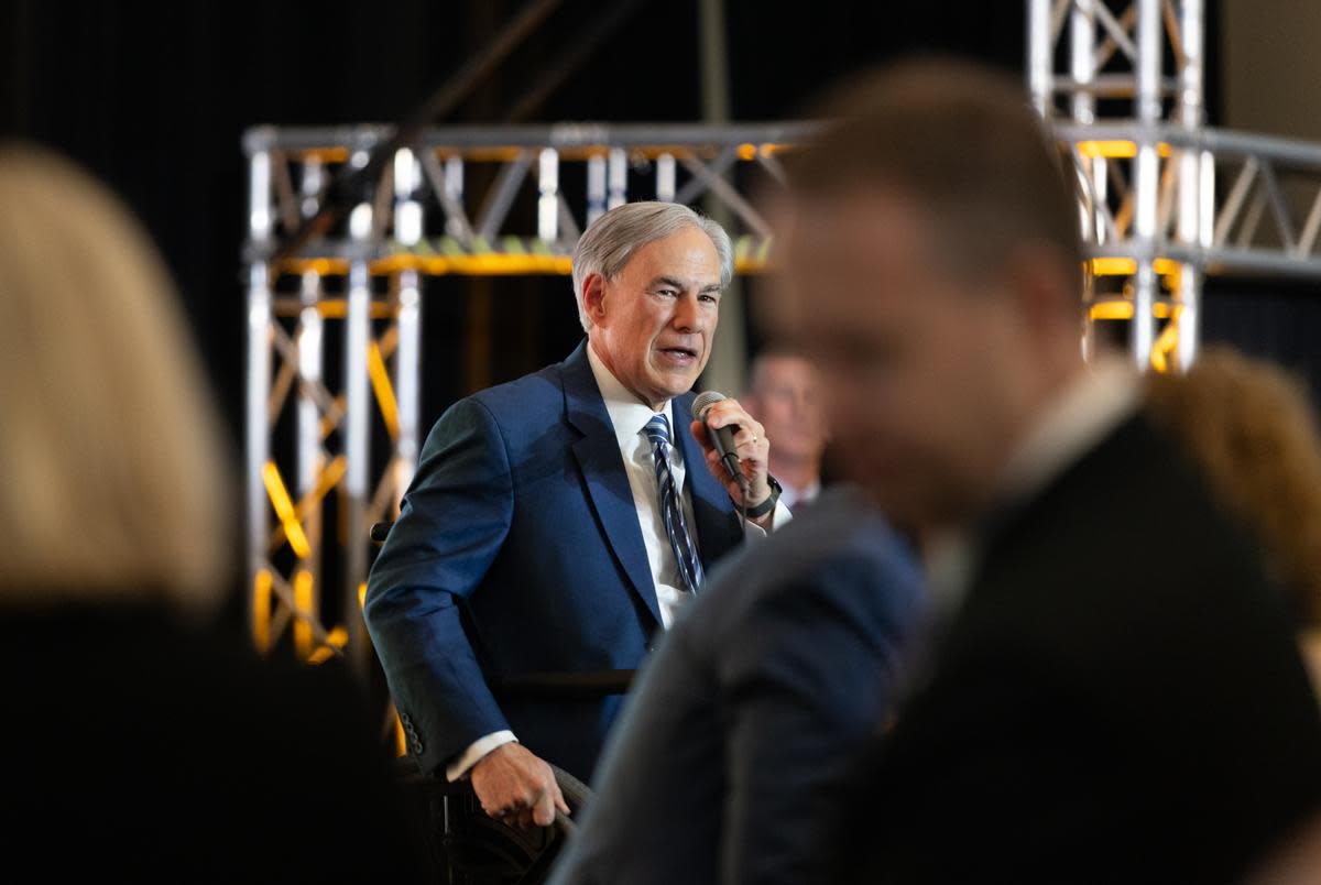 Gov. Greg Abbott speaks during the opening keynote lunch at the Texas Public Policy Foundation Texas Policy Summit 2024 in Austin on March 20, 2024. Gov. Abbott spoke about border security and cartels, school choice for parents of Texas children and the ban of DEI at Texas universities.