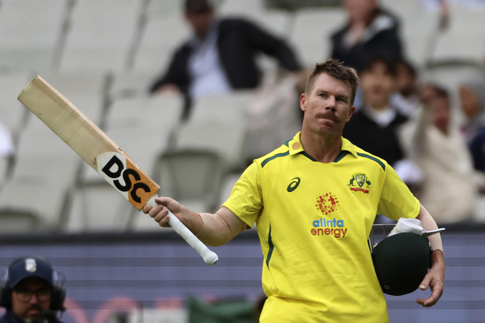 Australia's David Warner leaves after losing his wicket to England during their one-day international cricket match at the Melbourne Cricket Ground in Melbourne, Australia, Tuesday, Nov. 22, 2022. (AP Photo/Asanka Brendon Ratnayake)