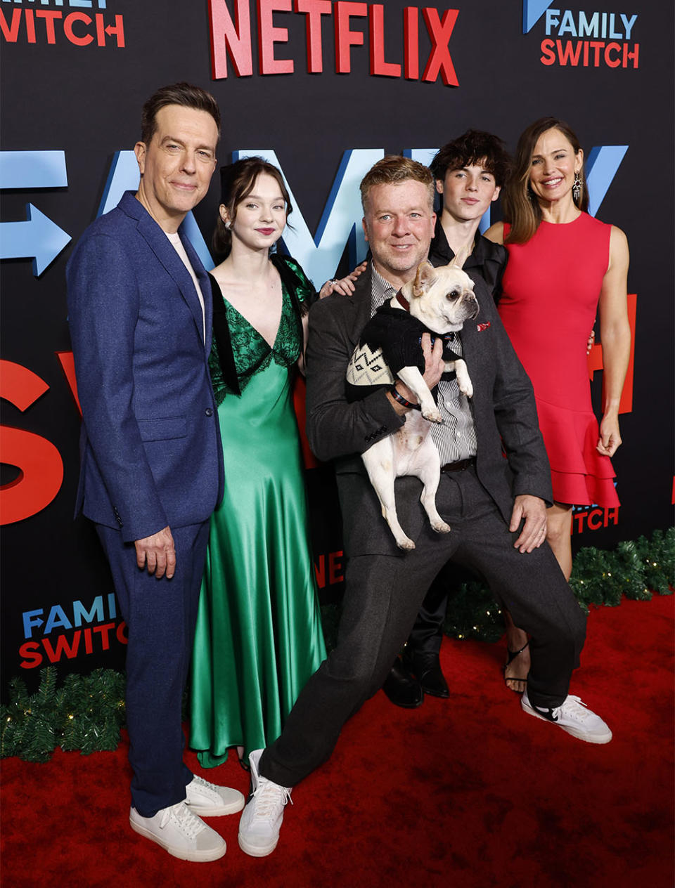 Ed Helms, Emma Myers, McG, Brady Noon, and Jennifer Garner attend the premiere of Netflix's "Family Switch" at AMC The Grove 14 on November 29, 2023 in Los Angeles, California.