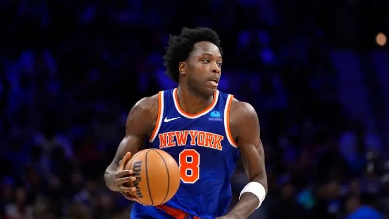 ▲NBA紐約尼克主力前鋒OG Anunoby，自G2傷到腿筋之後，系列賽下一場G5將會繼續缺席，也使得尼克可用之兵越來越少。（圖／美聯社／達志影像）