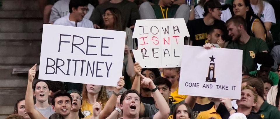 The Baylor student section holds up a Free Brittney sign for Brittney Griner, who was detained in Russia, during a game on March 5, 2022.