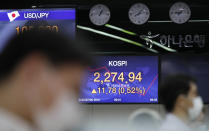 Currency trader watch computer monitors near the screen showing the Korea Composite Stock Price Index (KOSPI) at the foreign exchange dealing room in Seoul, South Korea, Thursday, July 30, 2020. Asian stocks advanced Thursday after the U.S. Federal Reserve left interest rates near zero to support a struggling economy. (AP Photo/Lee Jin-man)