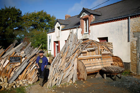 A resident walks past stakes at the "La Rolandiere" area in the zoned ZAD (Deferred Development Zone) in Notre-Dame-des-Landes, that is slated for the Grand Ouest Airport (AGO), western France, October 17, 2016. Picture taken October 17, 2016. REUTERS/Stephane Mahe