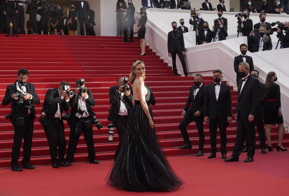 Diane Kruger poses for photographers upon arrival at the premiere of the film 'Everything Went Fine' at the 74th international film festival, Cannes, southern France, Wednesday, July 7, 2021. (AP Photo/Brynn Anderson)