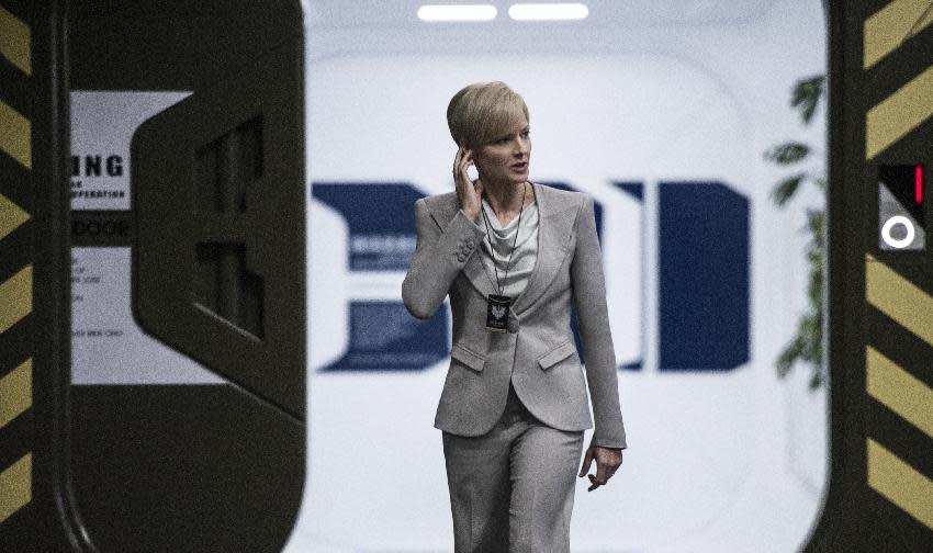 This film publicity image released by TriStar, Columbia Pictures-Sony shows Jodie Foster in a scene from "Elysium." (AP Photo/TriStar, Columbia Pictures - Sony, Kimberley French)