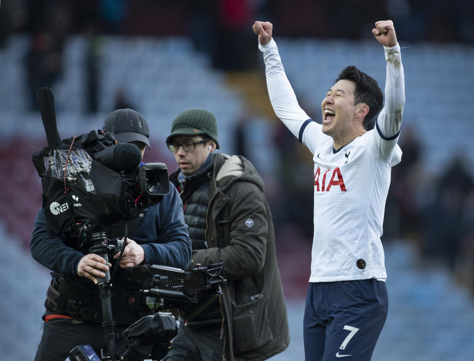 BIRMINGHAM, ENGLAND - FEBRUARY 16: Son Heung-Min of Tottenham Hotspur celebrates at the final whistle with TV cameras filming him after the Premier League match between Aston Villa and Tottenham Hotspur at Villa Park on February 16, 2020 in Birmingham, United Kingdom. (Photo by Visionhaus)