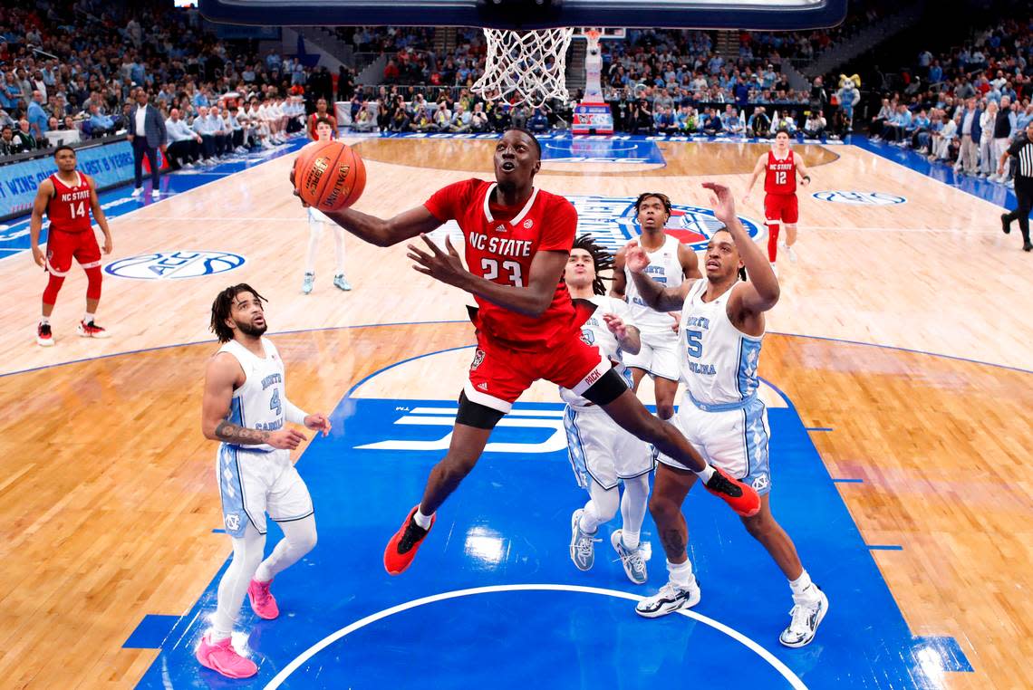 N.C. State’s Mohamed Diarra (23) shoots during N.C. State’s 84-76 victory over UNC in the championship game of the 2024 ACC Men’s Basketball Tournament at Capital One Arena in Washington, D.C., Saturday, March 16, 2024.