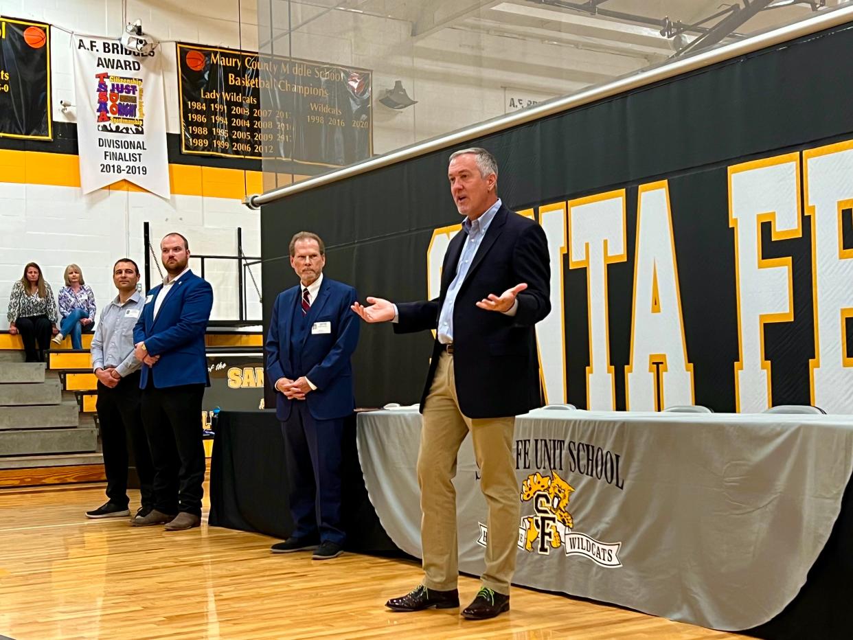 Tennessee Secretary of State Tre Hargett speaks to Santa Fe Unit School seniors Wednesday, May 1, 2024 about the importance of voting, while presenting the school with the Gold Level Anne Dallas Dudley Award for attaining 100% voter registration for eligible students.