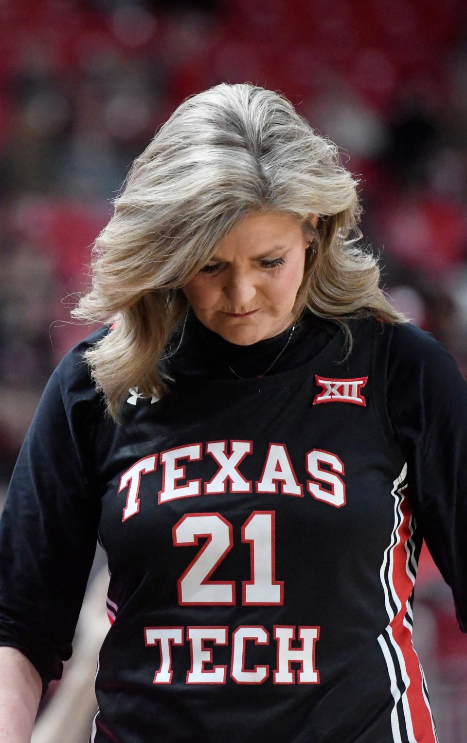 Texas Tech's head coach Krista Gerlich wears her retired Texas Tech jersey, Saturday, Jan. 28,, 2023, at United Supermarkets Arena. Gerlich, who was Kirkland while she was an athlete at Texas Tech, was part of the 1993 National Championship women's basketball team.