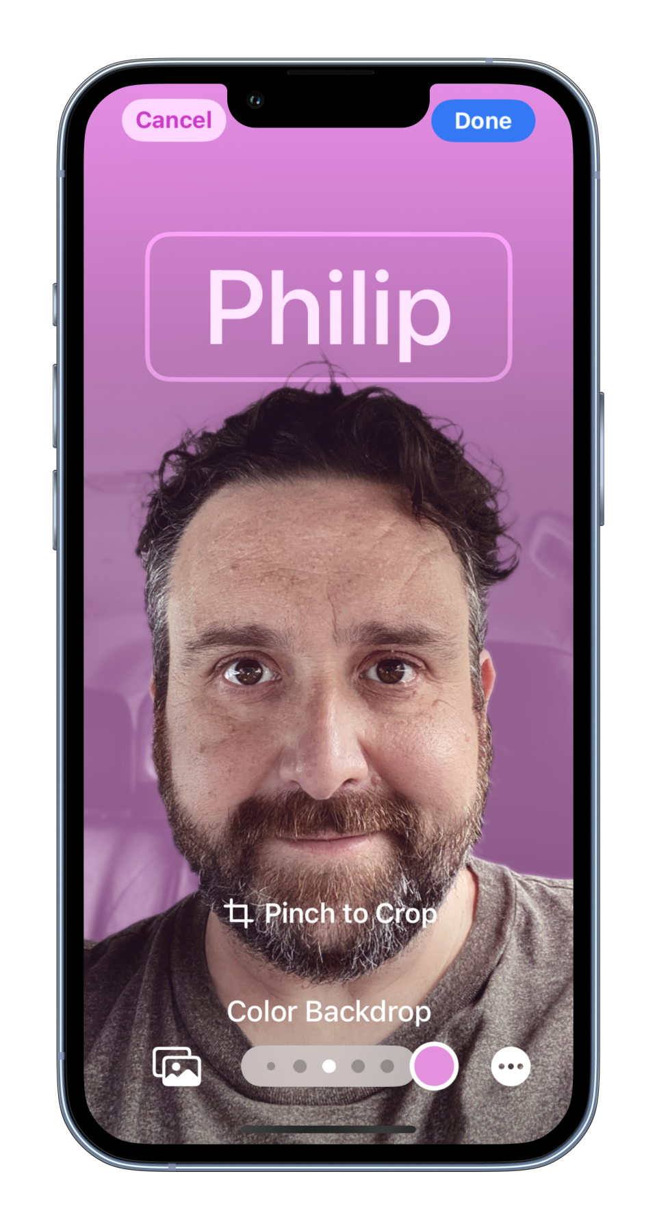 MockUPhone screenshots of the contact poster on iOS 17 showing my face with name and different color and filter options