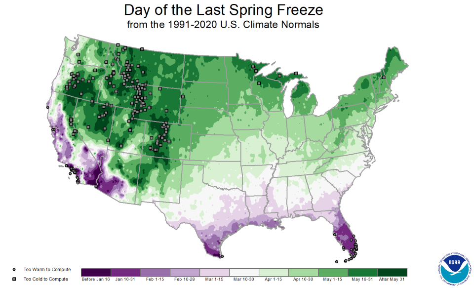 Data collected between 1991 and 2020 showing the date of the last spring freeze.