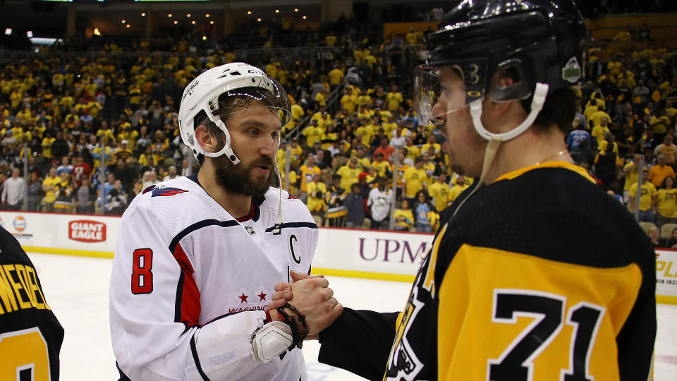 Alex Ovechkin (#8) and Evgeni Malkin are two of the NHL's biggest Russian stars. (Photo by Gregory Shamus/Getty Images)