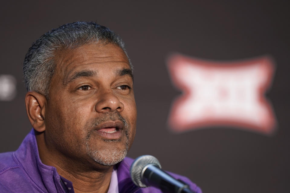 FILE - Kansas State head coach Jerome Tang speaks to the media during Big 12 NCAA college basketball media day Wednesday, Oct. 19, 2022, in Kansas City, Mo. Kansas State will start its season on Nov. 7, against University of Texas Rio Grande Valley. (AP Photo/Charlie Riedel, File)