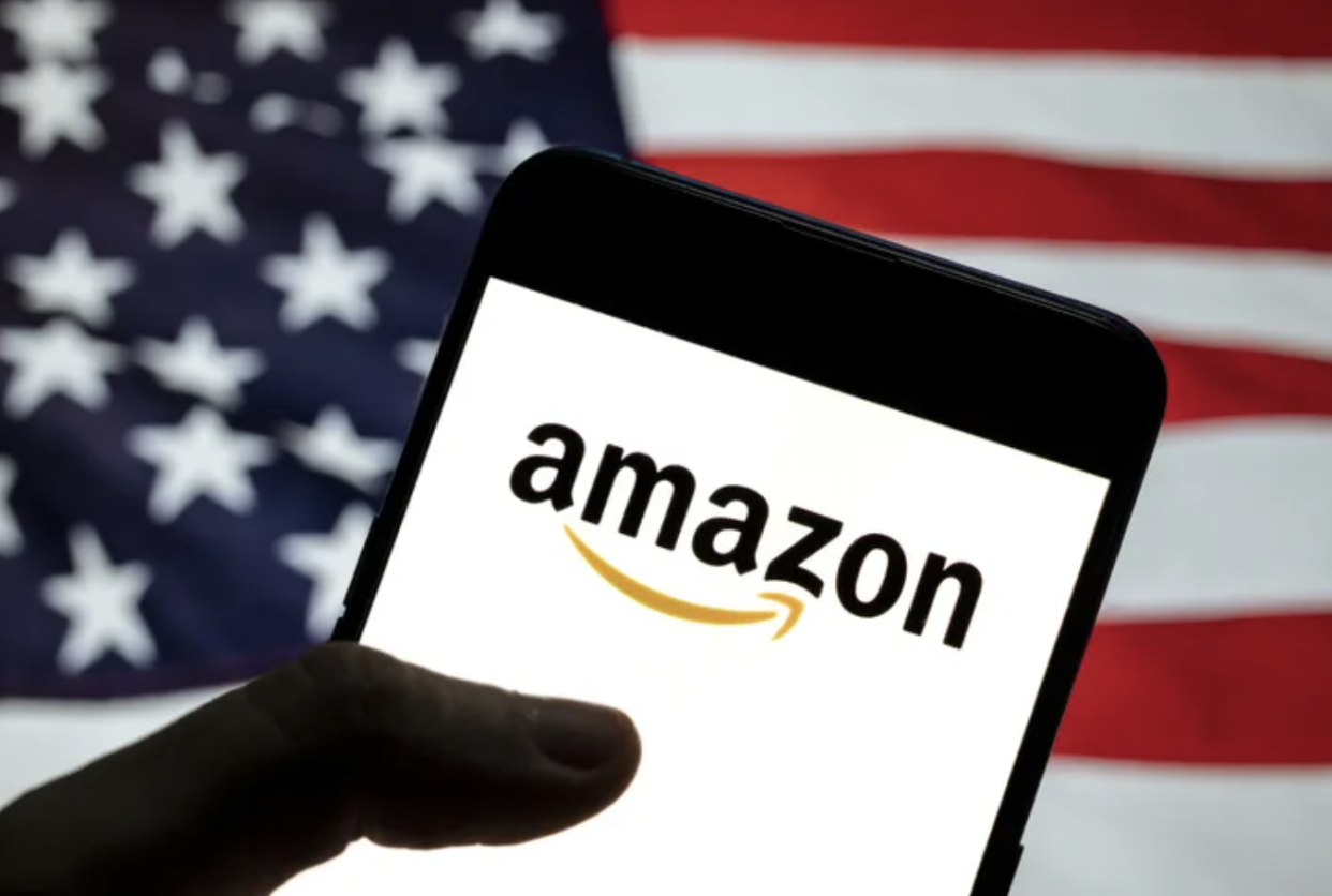 amazon on phone in front of american flag