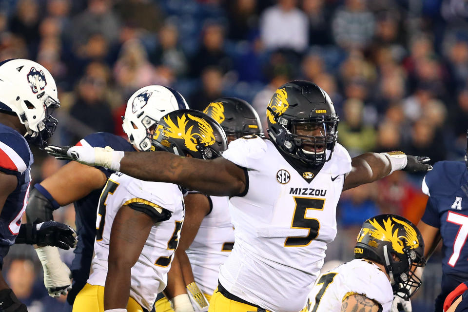 EAST HARTFORD, CT - OCTOBER 28: Missouri Tigers defensive lineman Terry Beckner Jr. (5) gestures after a tackle during a college football game between Missouri Tigers and UConn Huskies on October 28, 2017, at Rentschler Field in East Hartford, CT. Missouri defeated UConn 52-12. (Photo by M. Anthony Nesmith/Icon Sportswire via Getty Images)