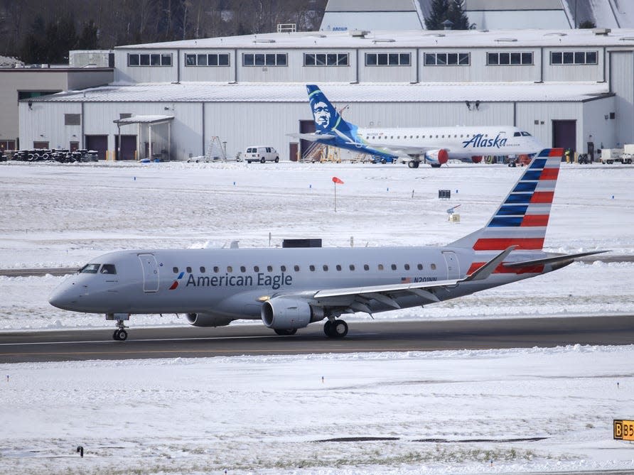 Airlines at a snowy airport.