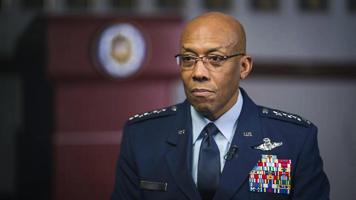 Lester Holt sits down for an interview with General Charles Q. Brown, Jr., Chairman of the Joint Chiefs of Staff, on Feb. 12, 2024. (NBC News)