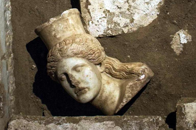 The head of a sphinx discovered in the largest tomb ever unearthed in Amphipolis, in the Macedonian region of northern Greece