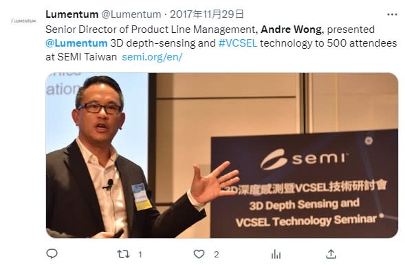 「流明」（Lumentum）推特在2017年發文分享安德烈·王來台消息。（圖／翻攝自Lumentum 推特 @Lumentum）