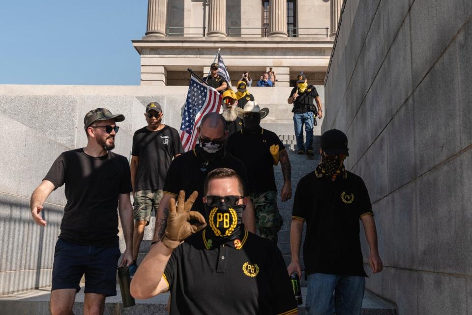 Members of the Proud Boys were seen outside the Tennessee state capitol on 21 August (REUTERS)