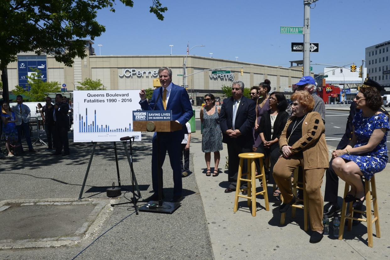 Mayor Bill de Blasio was joined by community leaders and city officials to discuss the improved driving and pedestrian traffic on Queens Boulevard, long nicknamed the "boulevard of death" in Elmhurst on May 17 2017. Vision Zero has been de Blasio's initiative to cut down the city's number of traffice-related accidents and deaths.