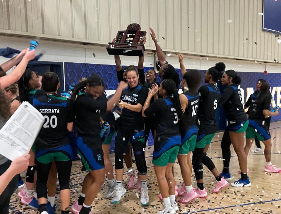 The Texas A&M-Corpus Christi women's basketball team celebrated claiming a share of the Southland Conference regular season championship with a 61-53 win at Texas A&M-Commerce on March 1, 2023.