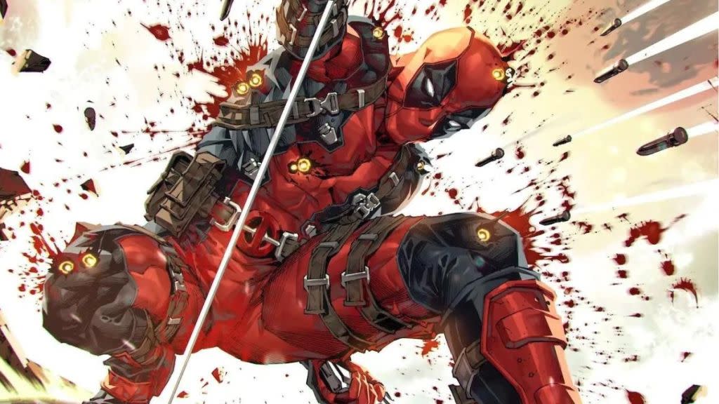 Deadpool getting hit by a hail of bullets