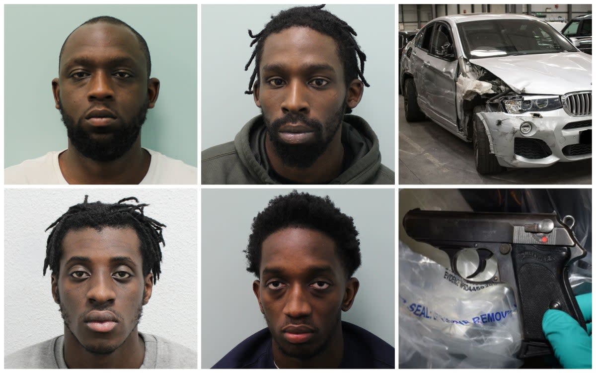 The gang members were brought to just after a four year police operation. Evidence collected included a pistol they used and a car damaged during one of their crimes. (ES Composite)