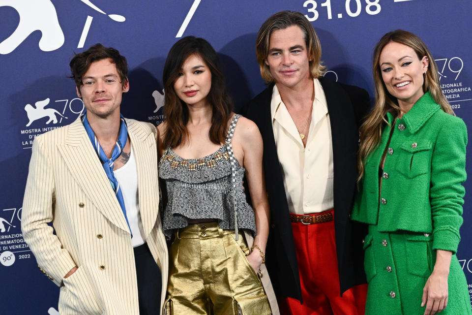 VENICE, ITALY - SEPTEMBER 05: : (L-R) Harry Styles, Gemma Chan, Chris Pine and director Olivia Wilde attend the photocall for 