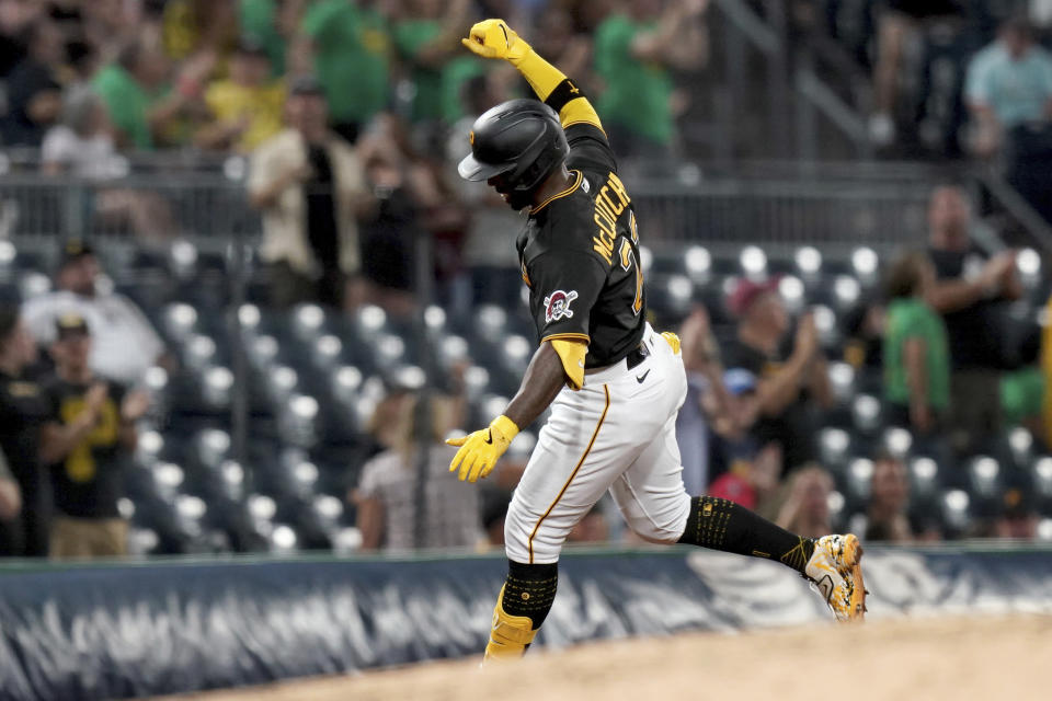 Pittsburgh Pirates' Andrew McCutchen rounds the bases after hitting a two-run home run off St. Louis Cardinals starting pitcher Adam Wainwright in the fifth inning of a baseball game in Pittsburgh, Tuesday, Aug. 22, 2023. (AP Photo/Matt Freed)