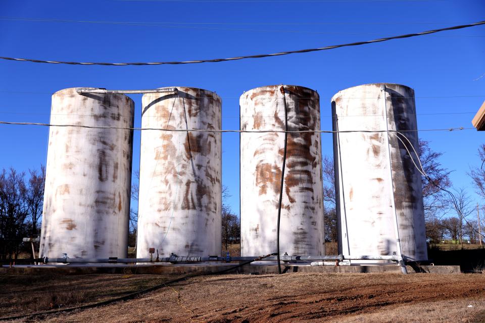 Storage tanks are pictured  Feb. 8 at Konawa's water treatment plant in Konawa.