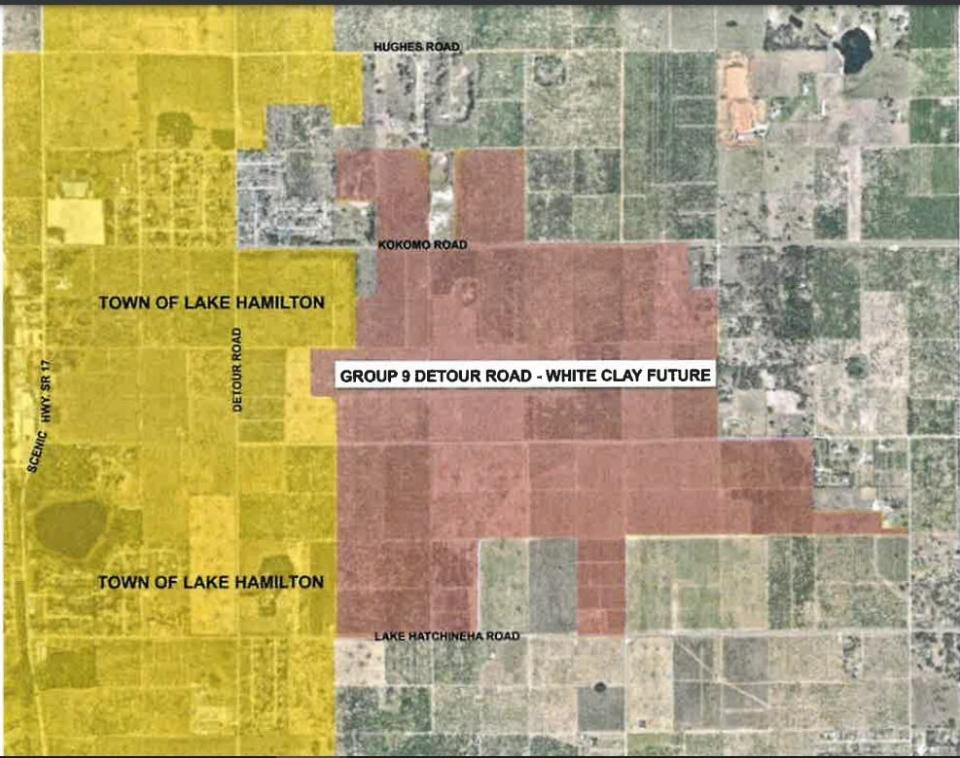 Map shows 626 acres in red that were recently annexed into Lake Hamilton, increasing the town's size by more than 20%.