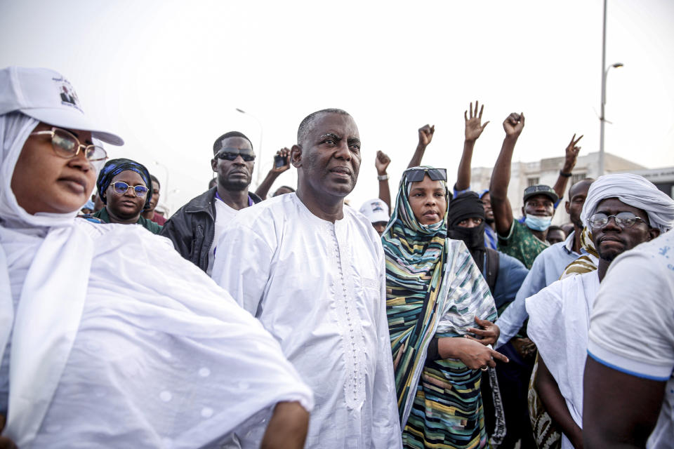 Presidential candidate Biram Ould Dah Ould Abeid, center, takes part in a rally among his supporters, ahead of the presidential election end of the month, in Nouakchott, Mauritania, Monday, June 24, 2024. (AP Photo/Mamsy Elkeihel)