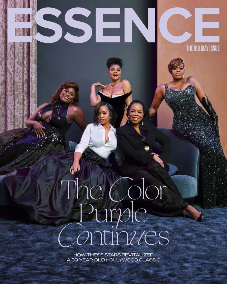 (Left to right) Danielle Brooks, H.E.R., Taraji P. Henson, Oprah Winfrey and Fantasia Barrino<br>Cover image: Mickalene Thomas for ESSENCE; Creative Director/Stylist: Corey Stokes