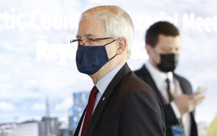 Canadian Minister of Foreign Affairs Marc Garneau arrives for the Arctic Council Ministerial Meeting in Reykjavik, Iceland, Thursday, May 20, 2021. (AP Photo/Brynjar Gunnarsson, Pool)