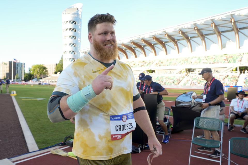 Ryan Crouser competes in the men's shot put final during the U.S. Track and Field Olympic Team Trials Saturday, June 22, 2024, in Eugene, Ore. (AP Photo/Charlie Neibergall)