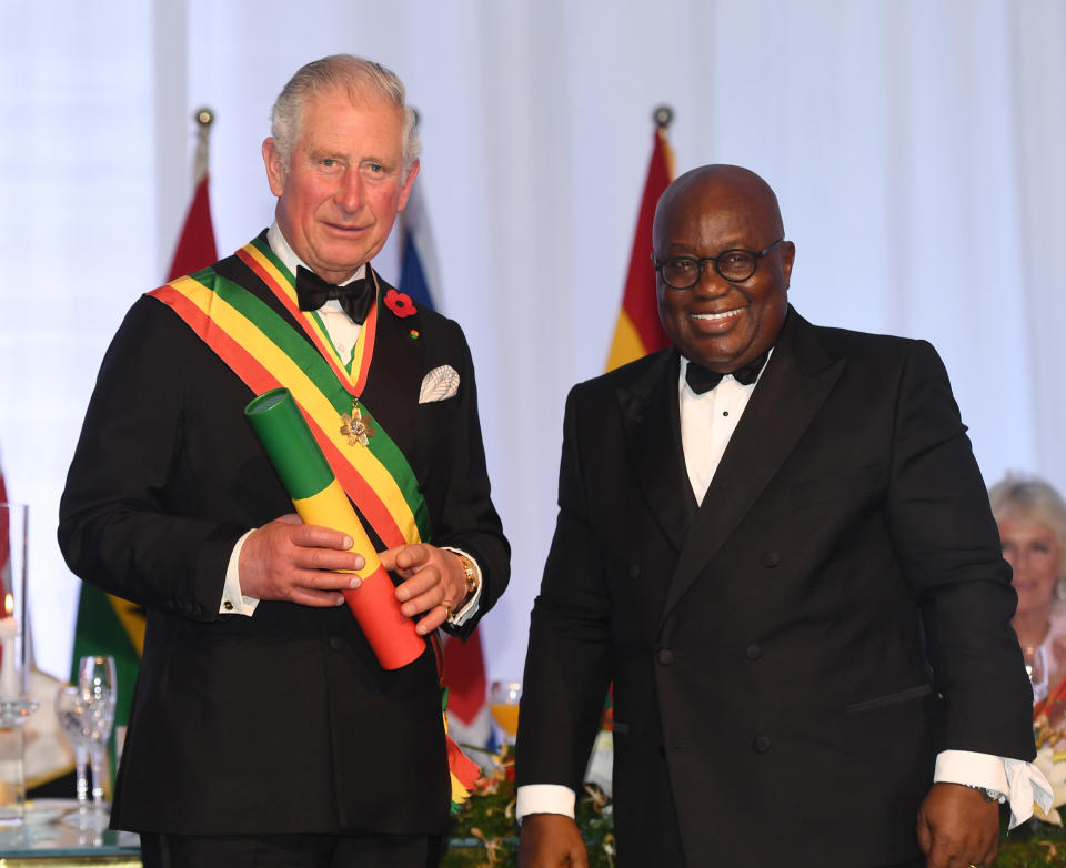 The Prince of Wales is made a Companion of the Order of the Star of Ghana by Ghanaian President Nana Akufo-Addo (Getty)