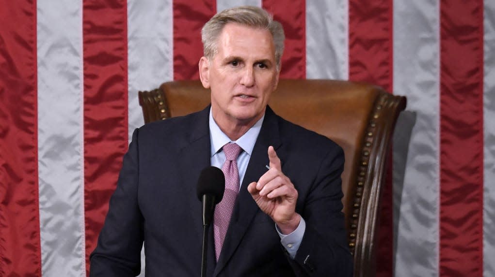 Speaker of the US House of Representatives Kevin McCarthy delivers a speech after he was elected on the 15th ballot at the US Capitol in Washington, DC, on January 7, 2023. (Photo by OLIVIER DOULIERY/AFP via Getty Images)