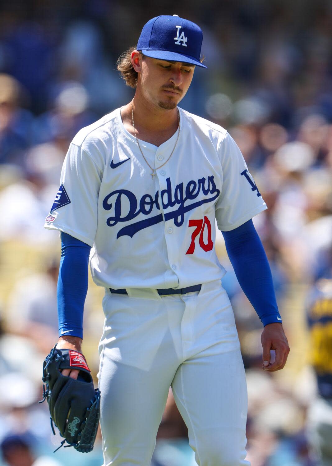 Dodgers starter Justin Wrobleski reacts after allowing a two-run homer to Milwaukee's Eric Haase.