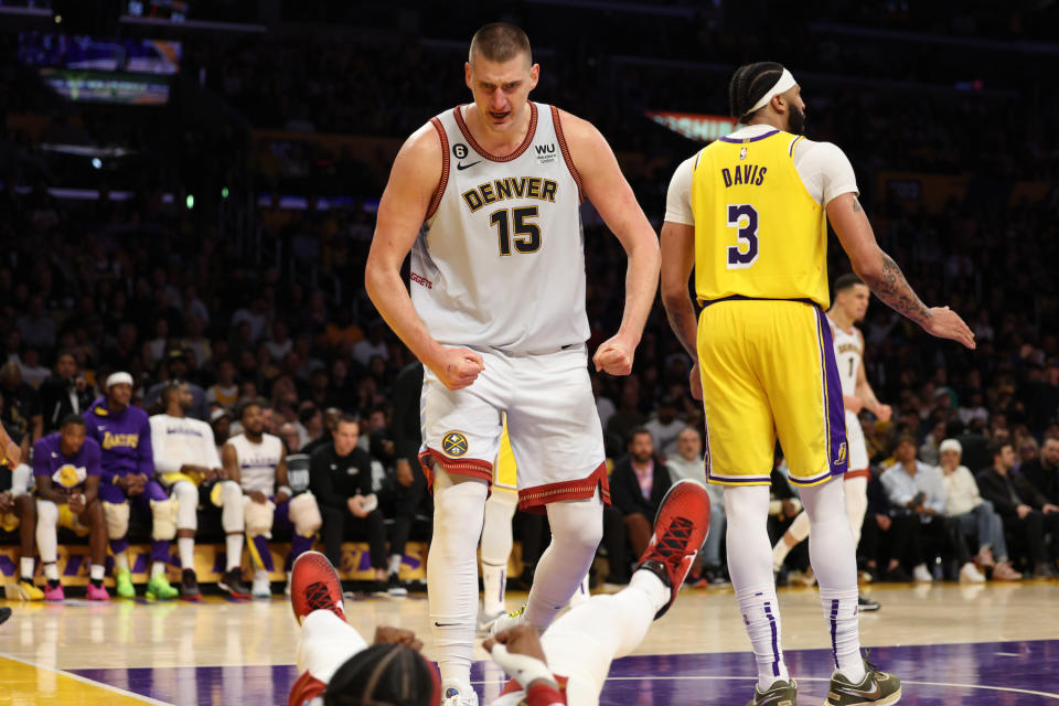 Nikola Jokíc of the Denver Nuggets reacts to a foul during the third quarter against the Los Angeles Lakers in game four of the Western Conference Finals at Crypto.com Arena on May 22, 2023, in Los Angeles, California.