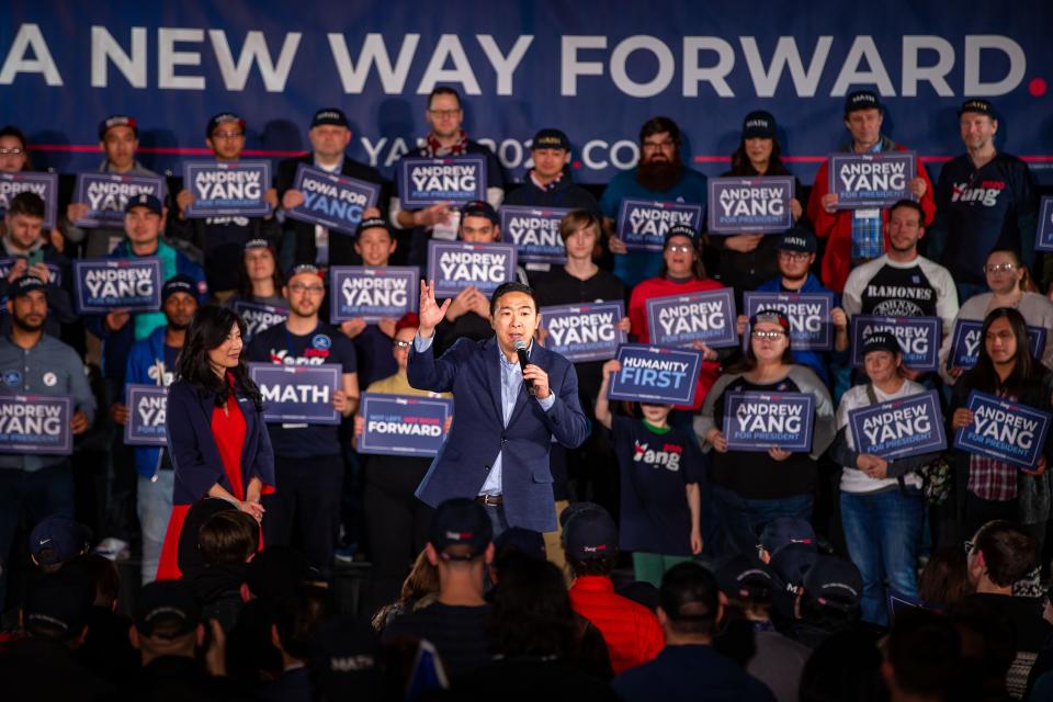 Democratic presidential candidate Andrew Yang addresses supporters in Des Moines after the Iowa Caucus in 2020. Yang announced last year that he had left the Democratic Party and later co-founded the Forward Party.