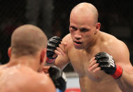 BELO HORIZONTE, BRAZIL - JUNE 23: (R-L) Thiago "Bodao" Perpetuo squares off with Leonardo Mafra during their UFC 147 middleweight bout at Estadio Jornalista Felipe Drummond on June 23, 2012 in Belo Horizonte, Brazil.