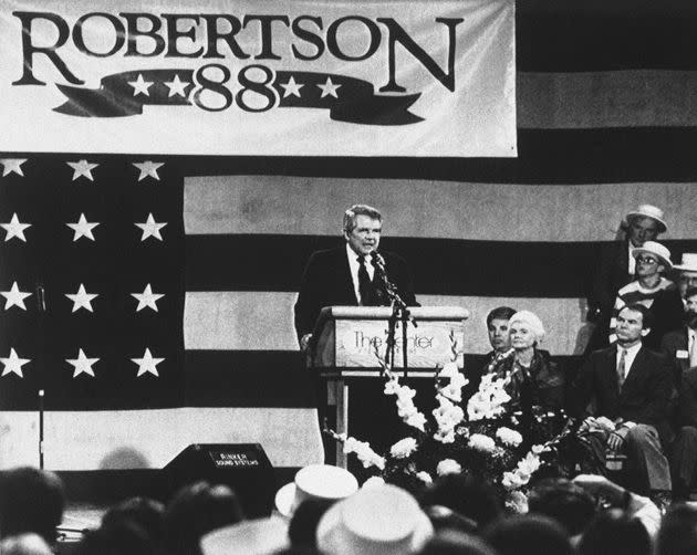 Robertson speaks to about 1,000 cheering supporters in Manchester, New Hampshire, on Oct. 2, 1987, after officially entering the Republican presidential race. He said be would support putting prayer back in schools and would never negotiate with terrorists.