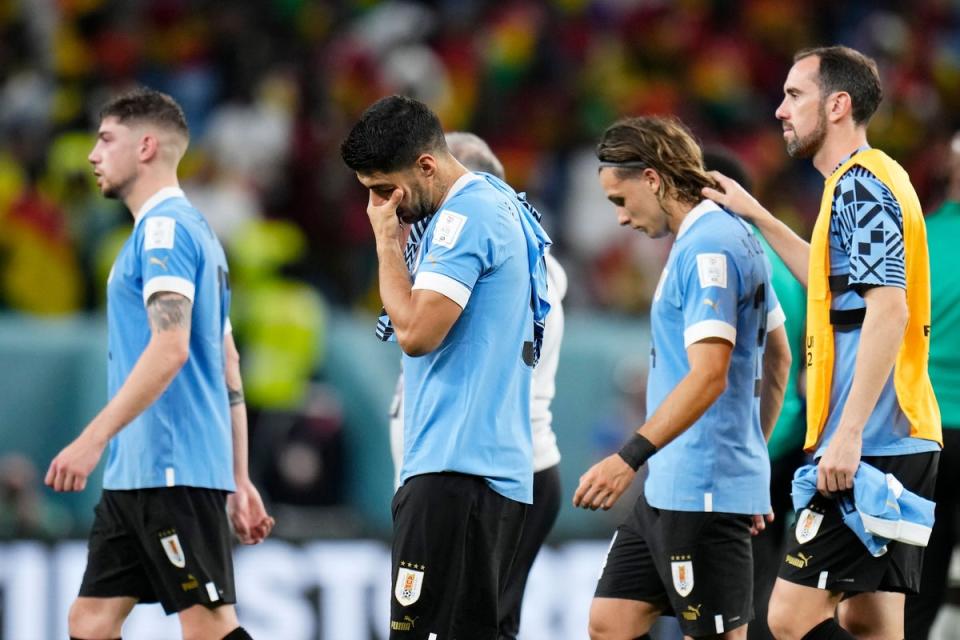 Uruguay’s Luis Suarez , 2nd from left, cries after the World Cup group H soccer match between Ghana and Uruguay, at the Al Janoub Stadium in Al Wakrah, Qatar, Friday, Dec. 2, 2022. (AP Photo/Manu Fernandez) (AP)