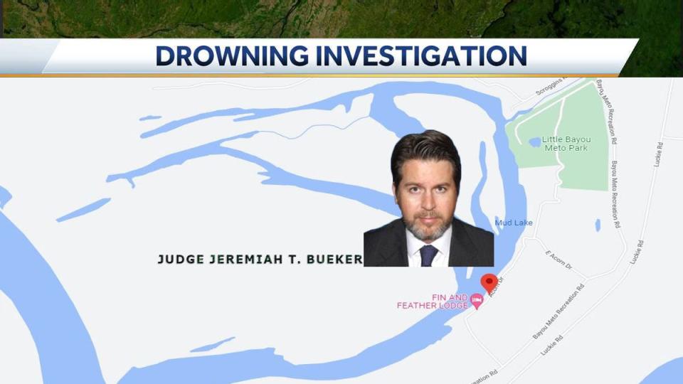 A picture of Arkansas judge Jeremiah T. Bueker and the location of where his body was found.