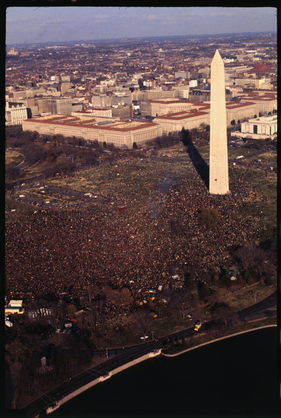 Aerial view of thousands gathered during the Moratorium to End the War in Vietnam.