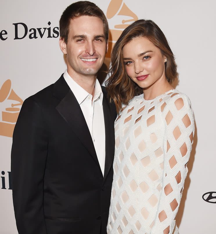 Evan Spiegel and Miranda Kerr attend the 2016 Pre-Grammy Gala and Salute to Industry Icons.