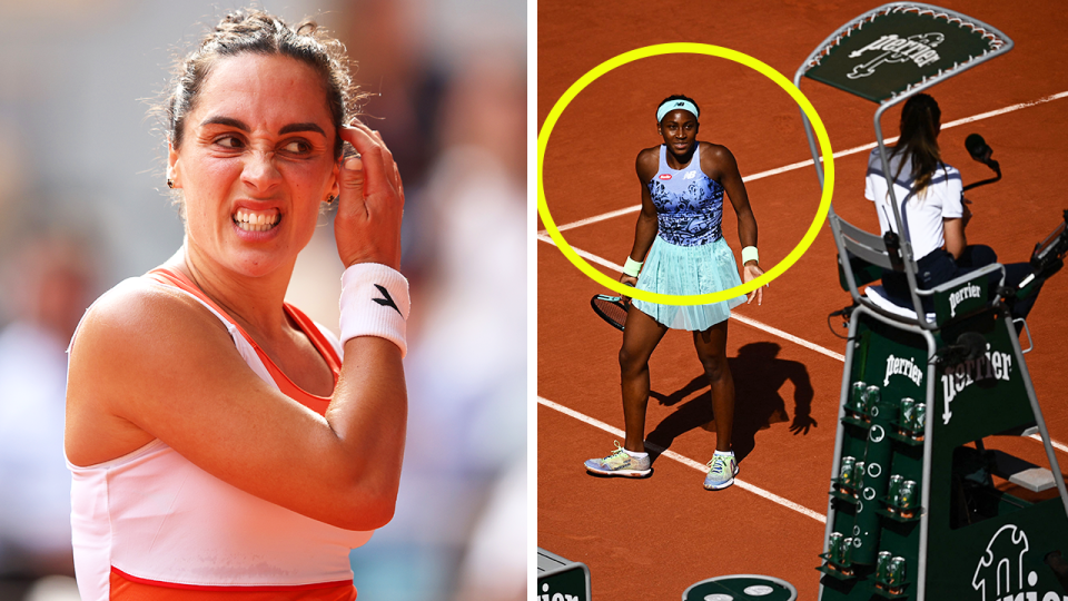 American Coco Gauff (pictured right) speaking to the chair umpire at the French Open and (pictured left) Martina Trevisan looking frustrated.